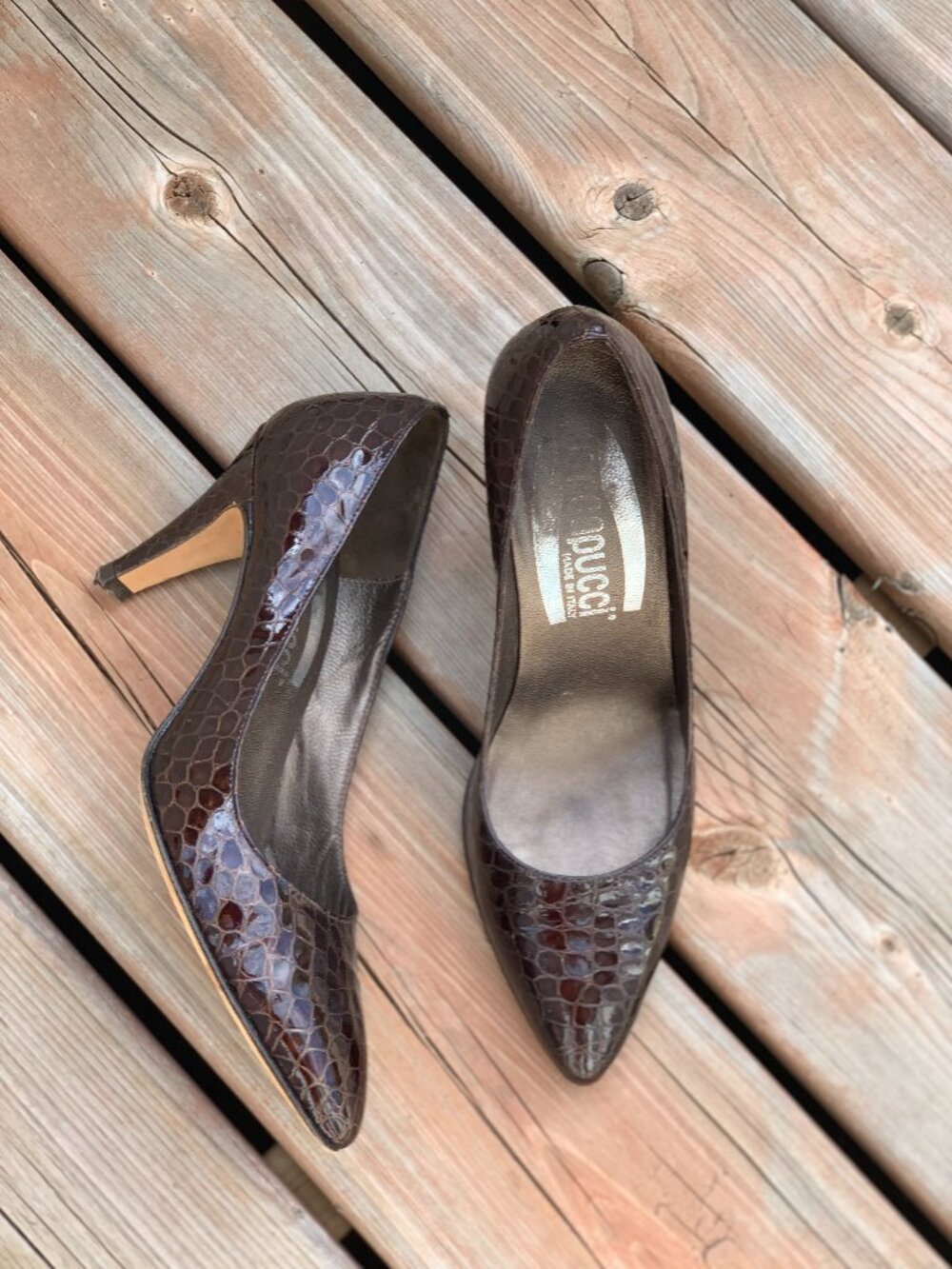Vintage 90s Pointy Toe Pumps 6 Brown Croc Embossed Patent Leather High Heel Shoe